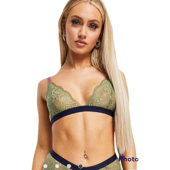 We Are We Wear NWT Evolve Recycled Lace Triangle Bralette, Khaki Navy Women's S - Picture 1 of 12